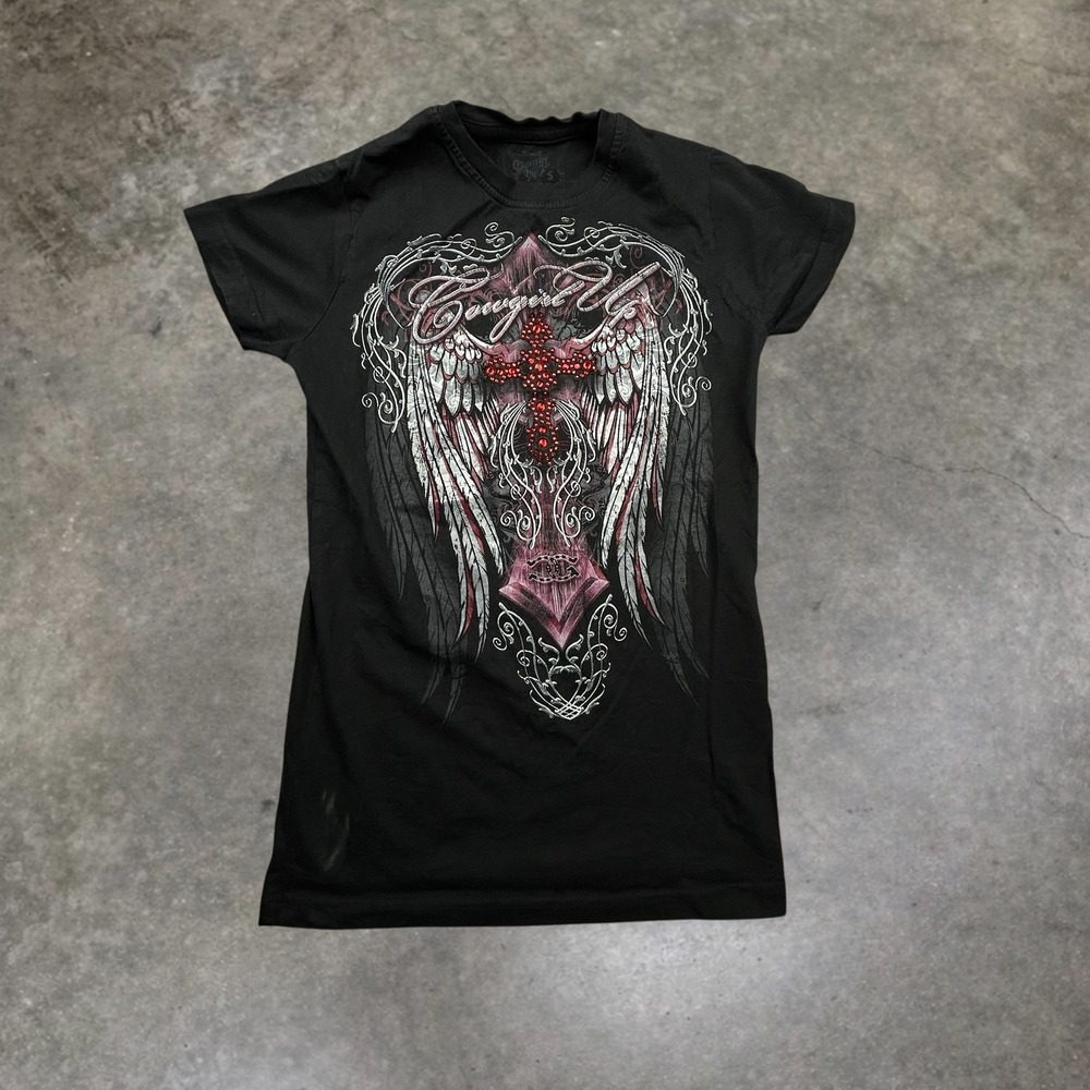 Cowgirl Up Vintage Y2K Mall Goth Graphic Tee Black Rhinestone Cross Wings Small